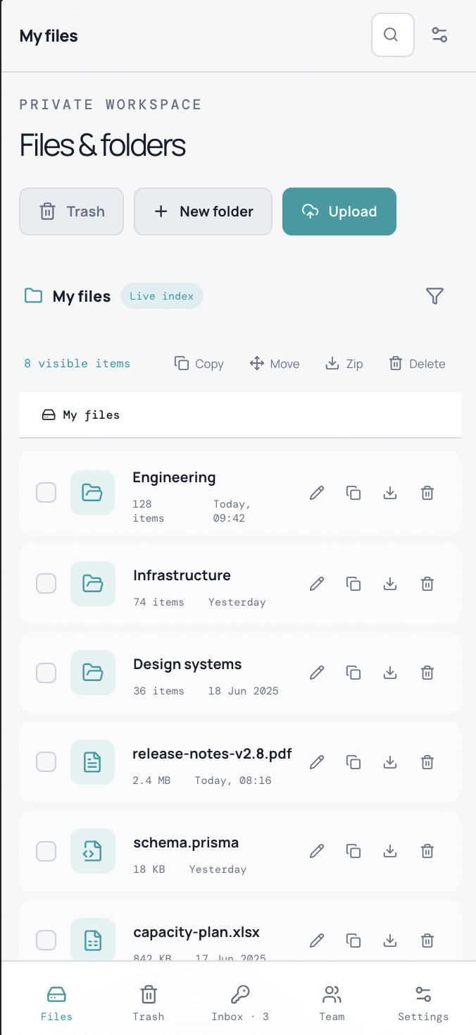GeekDrive file workspace showing folders, documents and file management controls